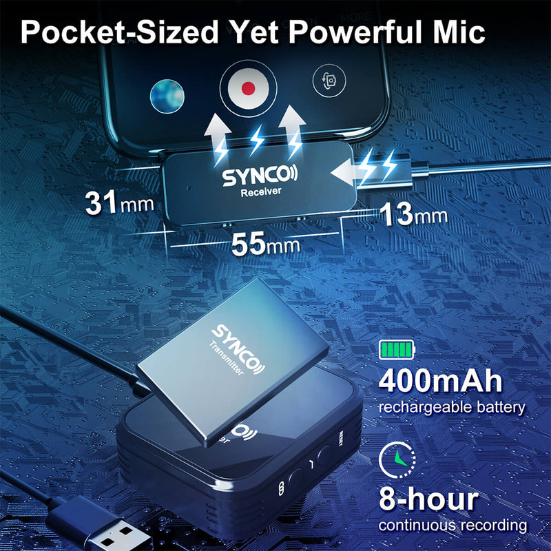SYNCO G1T, compact but powerful, is equipped with a rechargeable battery allowing for recording up to 8 hours