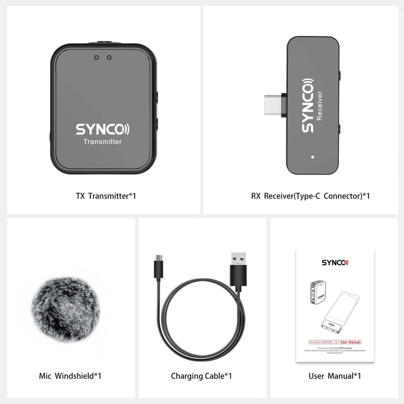Package list of SYNCO G1T consists of a TX transmitter, a RX receiver, a mic windshield, a charging cable and a user manual
