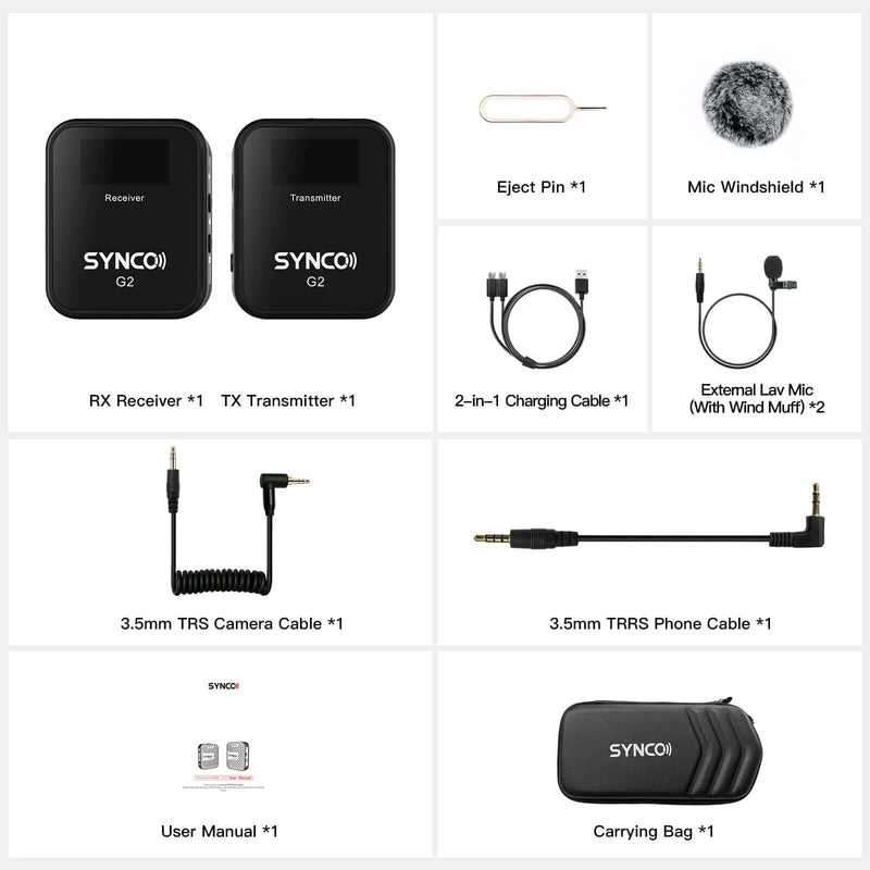 Package List of 1-to-1 Black Wireless Microphone SYNCO G2(A1) with Screen Display
