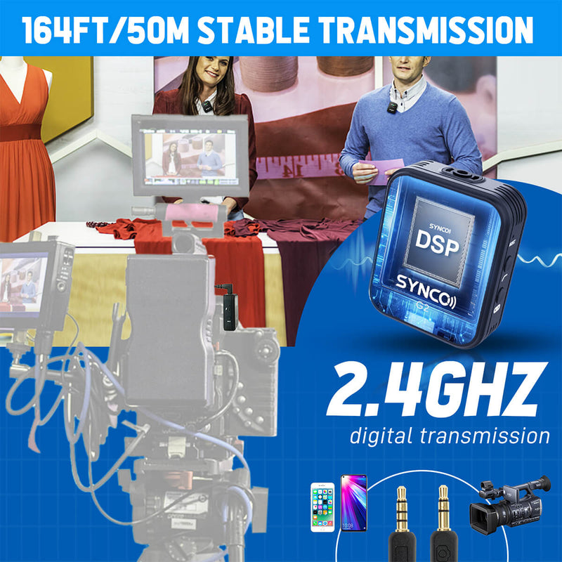 SYNCO G2(A2) with 492ft/150m stable transmission, is a universal mic for various devices, including smartphone, camcorder, etc