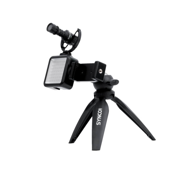 Budget and compact vlogging kit SYNCO Kit2 offers you the Mic-M1S, a shock mount, a video light, a phone holder and a mini tripod