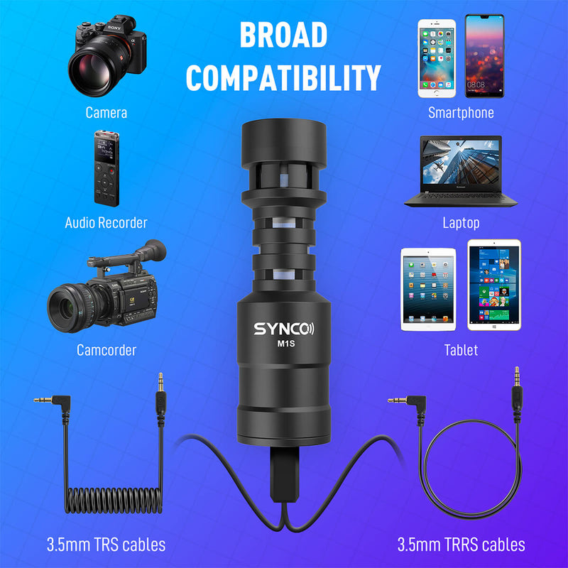 SYNCO M1S is a small mic for camera, which has broad compatibility, such as laptop, tablet, camcorder, etc