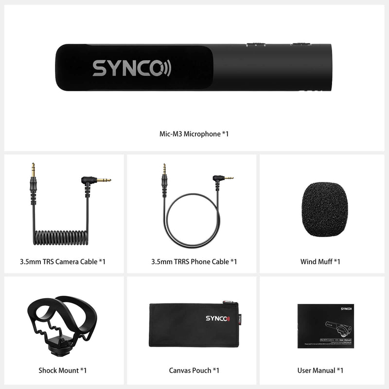 SYNCO M3's package: The M3 microphone, 3.5mm TRS camera & phone cables, a wind muff, a shock mount and a canvas pouch