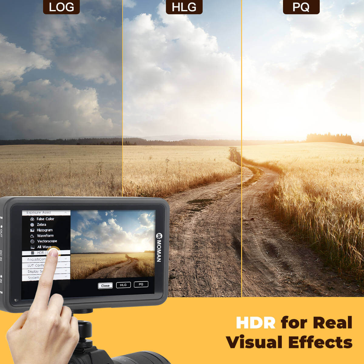 Moman M5 monitor provides HDR for real visual effects, can switch among LOG, HLG, and PQ mode