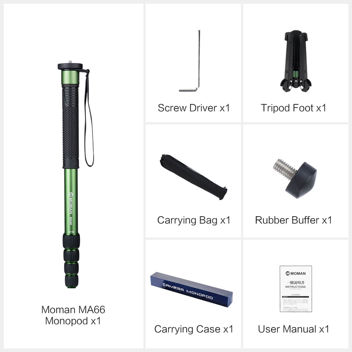 Moman MA66's package includes a monopod, a tripod foot, a carrying bag & a case, a screw driver, and more.