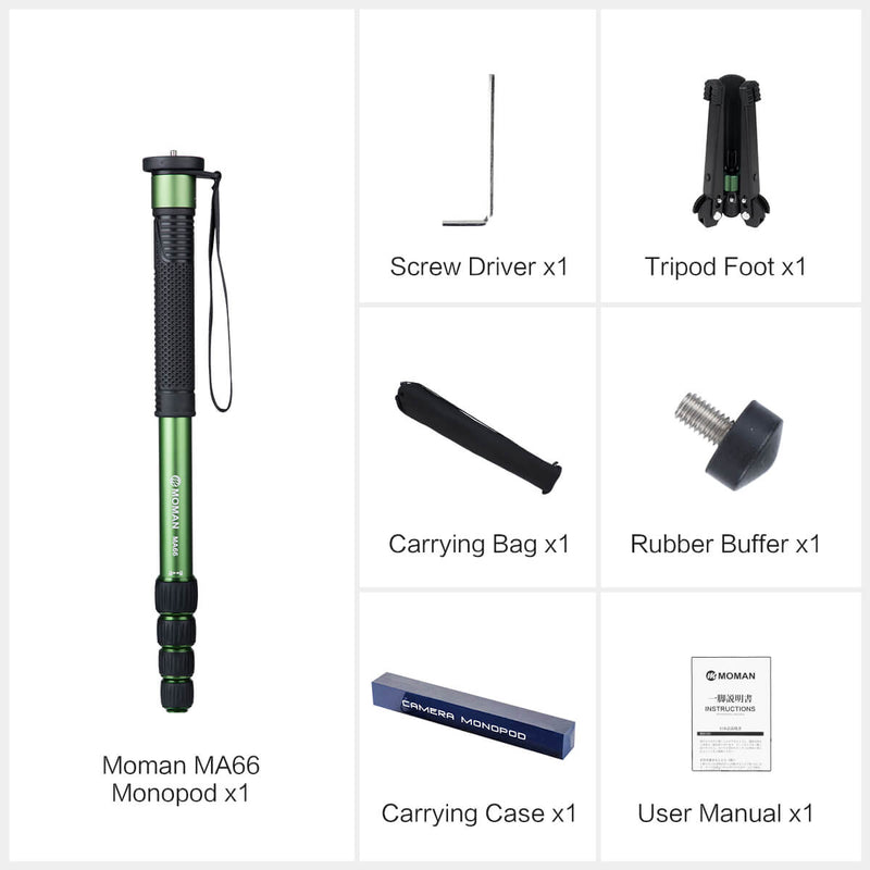 Moman MA66's package includes a monopod, a tripod foot, a carrying bag & a case, a screw driver, and more.