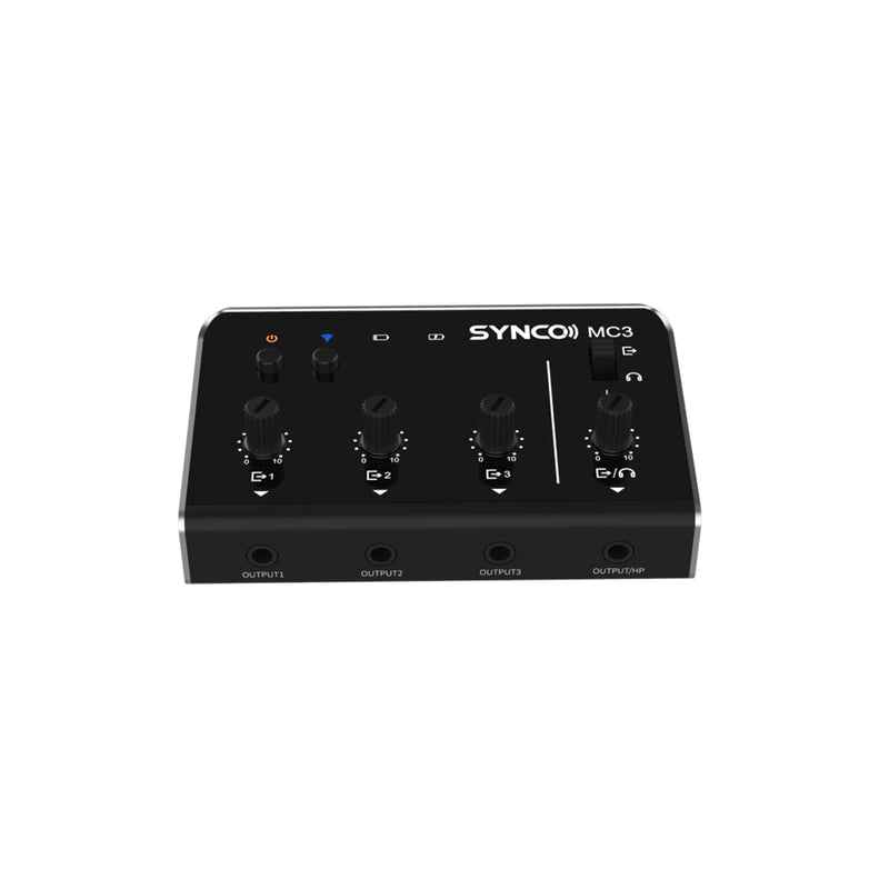 Small audio mixer SYNCO MC3 black with three types of inputs, four outputs channels, and a smart mixing system