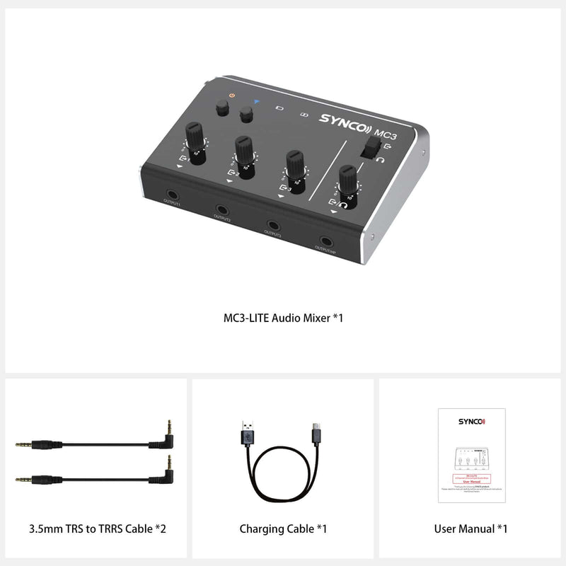 Package of SYNCO MC3 includes the MC3-LITE audio mixer, two 3.5mm TRS to TRRS cables, a charging cable, and a user manual