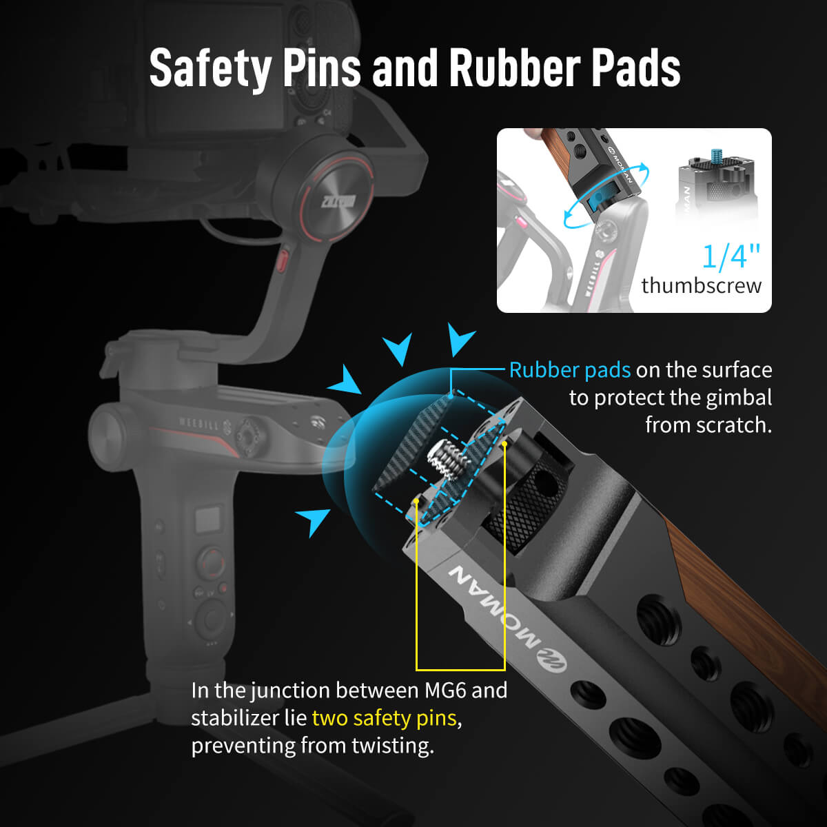 Moman MG6 possesses two safety pins for preventing from twisting and rubber pads to protect the gimbal from scratch