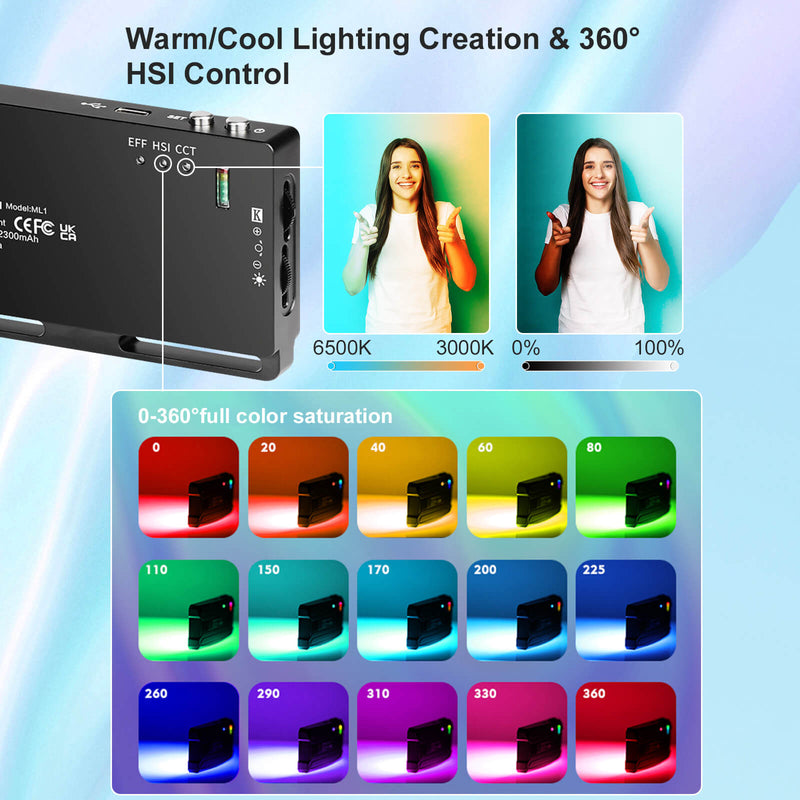 Moman ML1 video LED panel light features a warm/cold bi-color lighting creation and 360° HSI control for video shooting