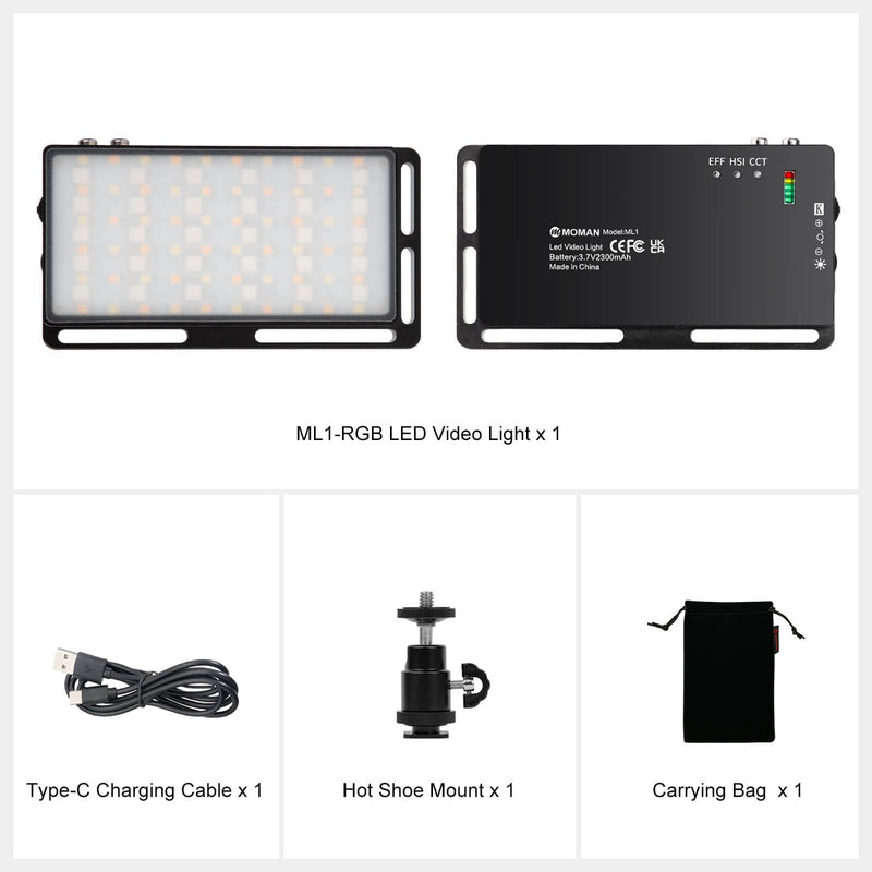Moman Ml1's package includes the RGB LED video light, a type-c charging cable, a hot shoe mount and a carrying bag