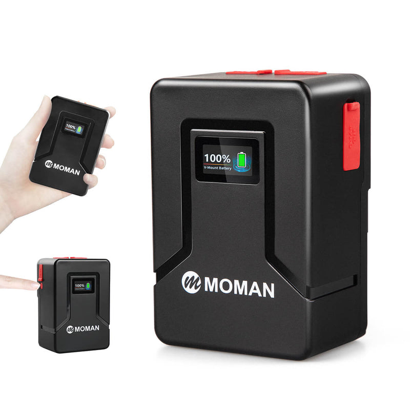 Moman Power 99S v-lock mount external battery supports USB-C, USB-A, BP, and D-tap output