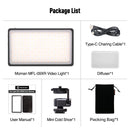 Package list of Moman MLX-RGB: Video light, diffuser, Type-C charging cable, mini cold shoe, carrying bag, etc.