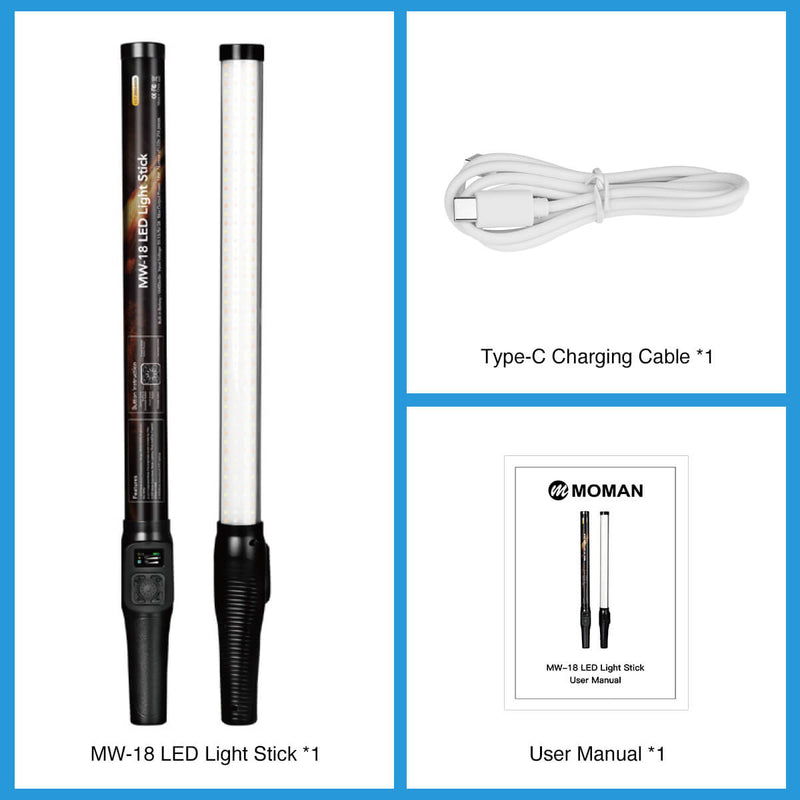 Moman MW-18's package contents: The LED light stick, a Type-C charging cable, a user manual