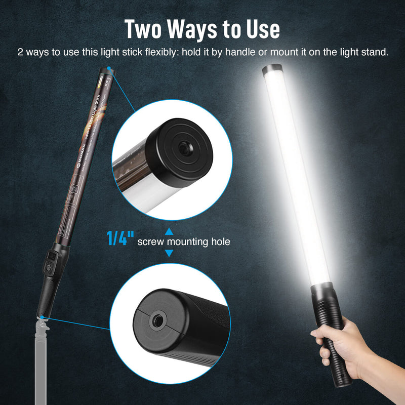 Two ways to use Moman MW-18 light wand flexibly: hold it by handle or mount it on the light stand with the 1/4" screw mounting hole