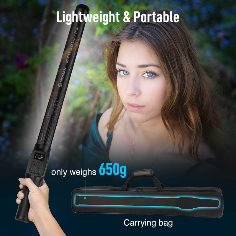 Moman MW-18 DSLR video shooter wand light only weighs 650g, and is packed with a carrying bag