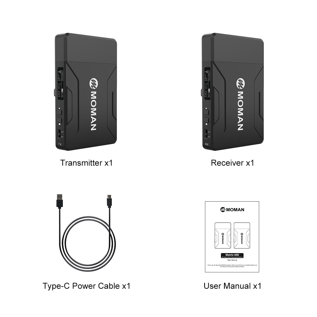 Package of Moman Matrix 600 includes a transmitter, a receiver, a Type-C power cable, and a user manual.