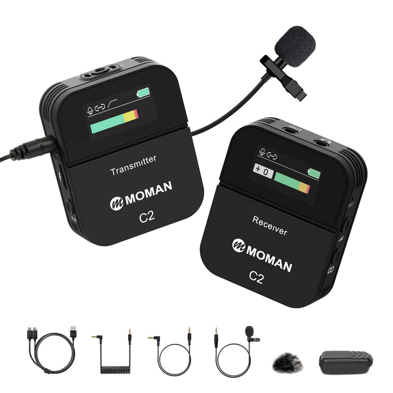 Wireless microphone for video recording Moman C2 features an TFT screen, a 40m LOS transmission, a wide compatibility, etc.