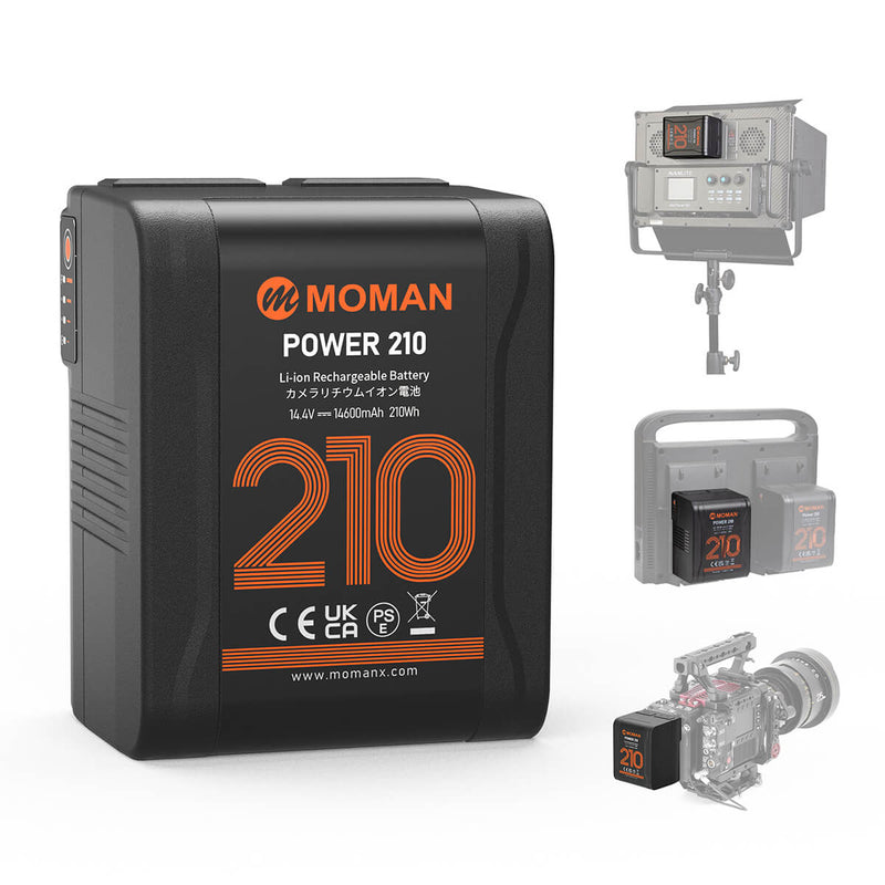 Moman Power 210 is the best v mount battery for Aputure 300d ii, 120ii, 200x, and other high-end studio video lights