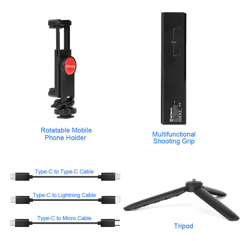 Moman Power 32's package list: A phone holder, a shooting grip, a tripod, and 3 Type-C to Type-C/Lightning/Micro cables