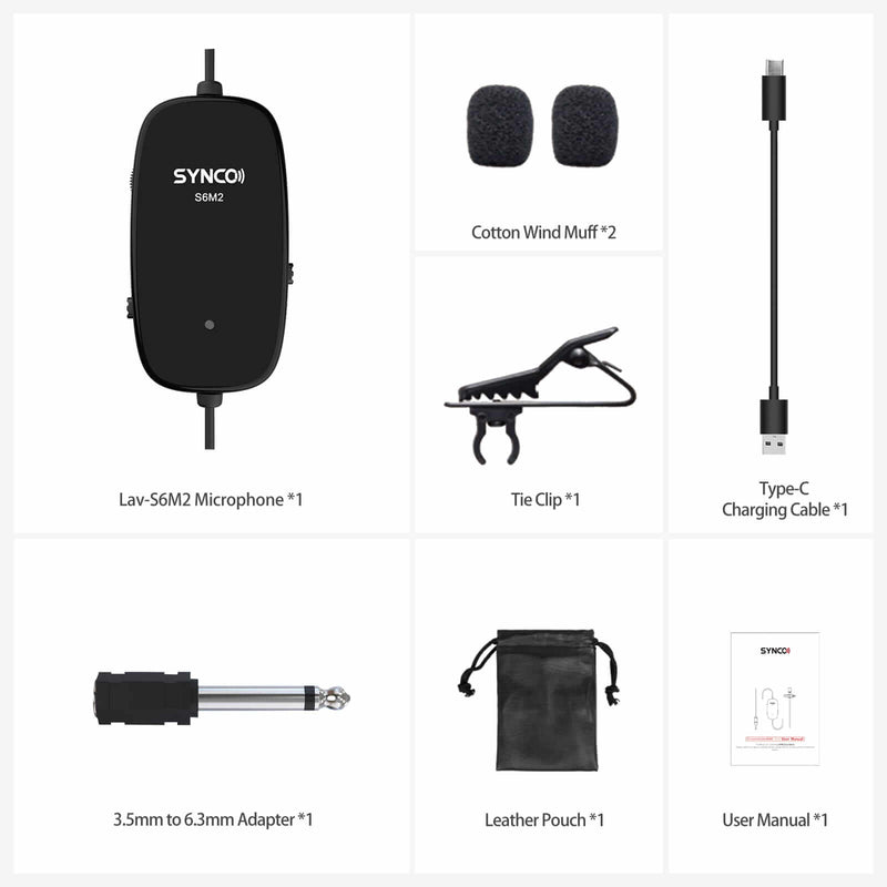 SYNCO S6M2's package: the mic, 2 wind muffs, a tie clip, a Type-C charging cable, a 3.5mm to 6.3mm adapter and a leather pouch