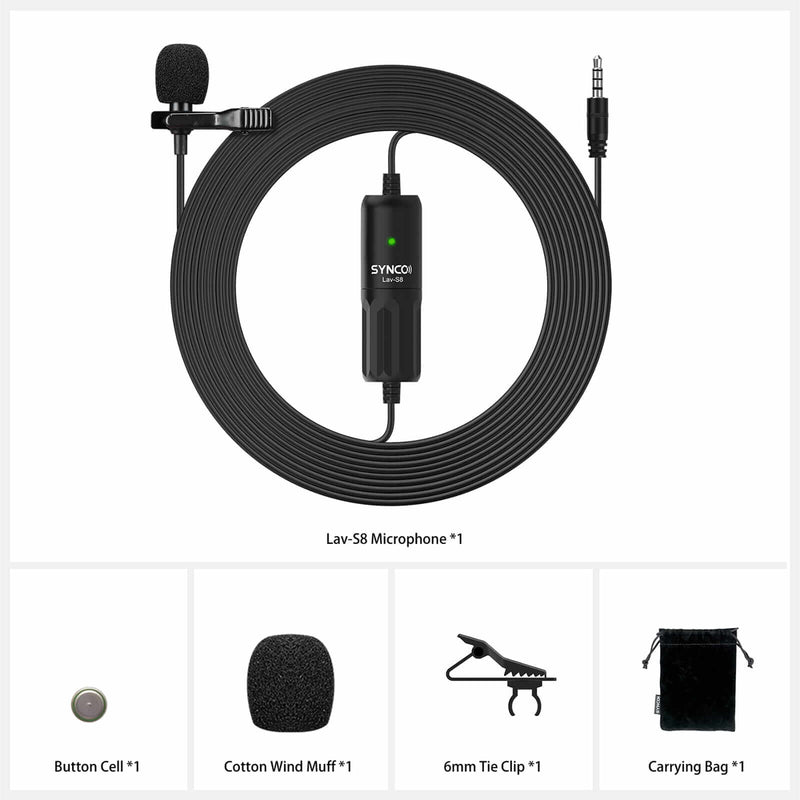 Package list of SYNCO S8 includes Lav-S8 microphone, a button cell, a wind muff, a 6mm tie clip and a carrying bag