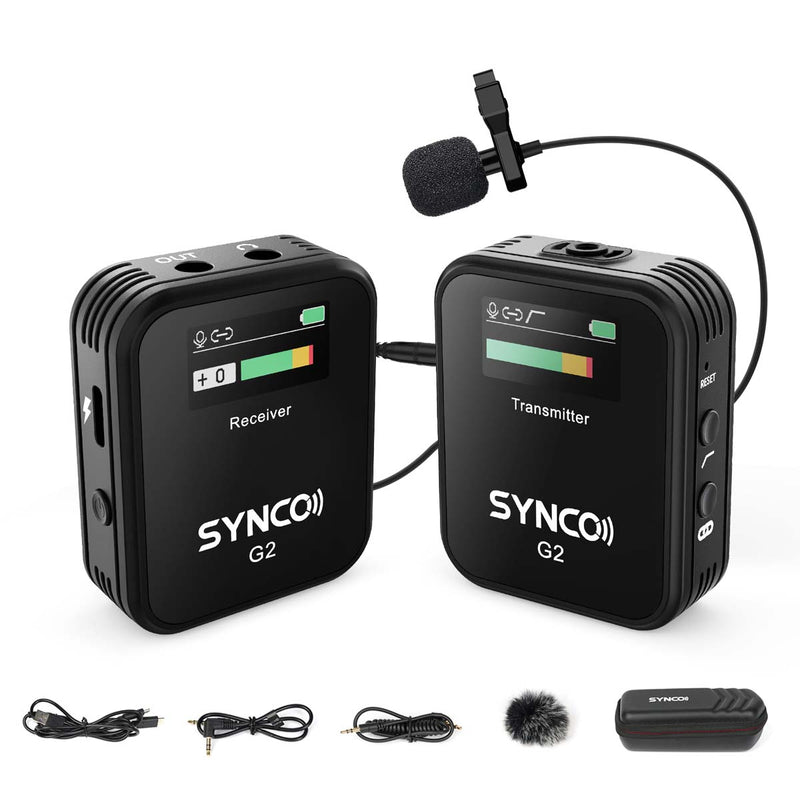 1-to-1 black wireless microphone for camera SYNCO G2(A1) with clear TFT display in the compact size of 52x42x17mm