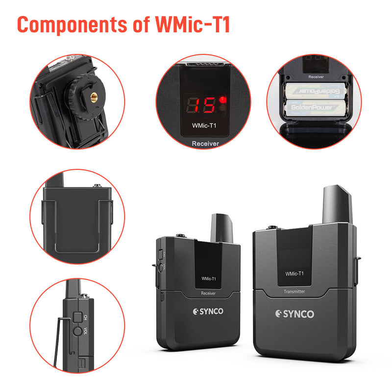 Components of WMic-T1 wireless lavalier microphone with display screen. It is ideal for vlog recording, interview, presentation, etc.