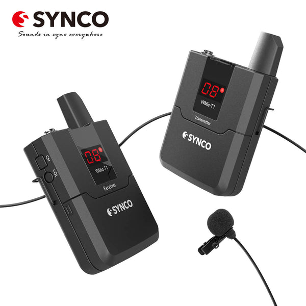 SYNCO T1 wireless microphone for zoom meetings include screens that display channels and status lights