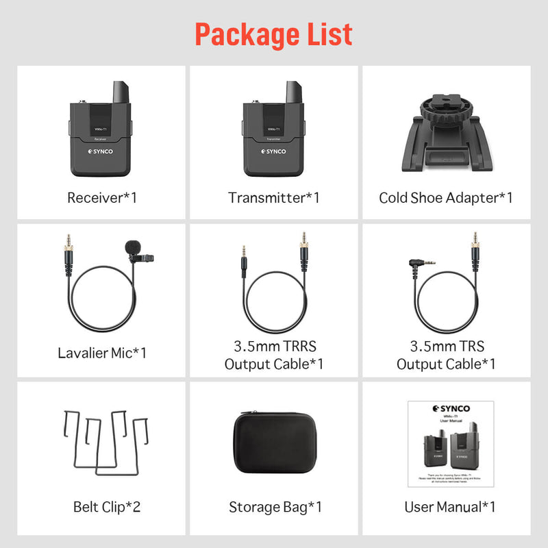 Package list of SYNCO T1 wireless microphone includes a receiver, transmitter, a cold shoe adapter, two output cables, etc.