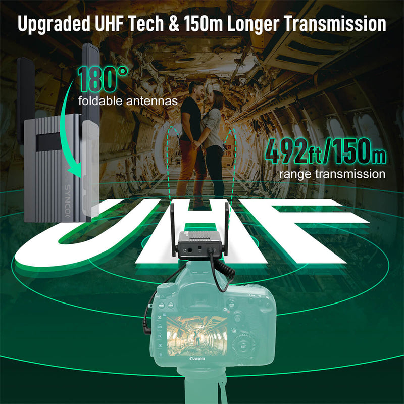 SYNCO TS adopts the UHF Tech to improve its performance. It can also work in the 492ft/150m range of transmission