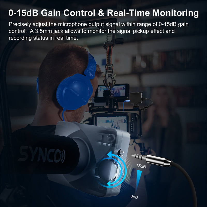 Long-distance shotgun microphone SYNCO U3 offers real-time monitoring to you within the range of 0-15dB gain control