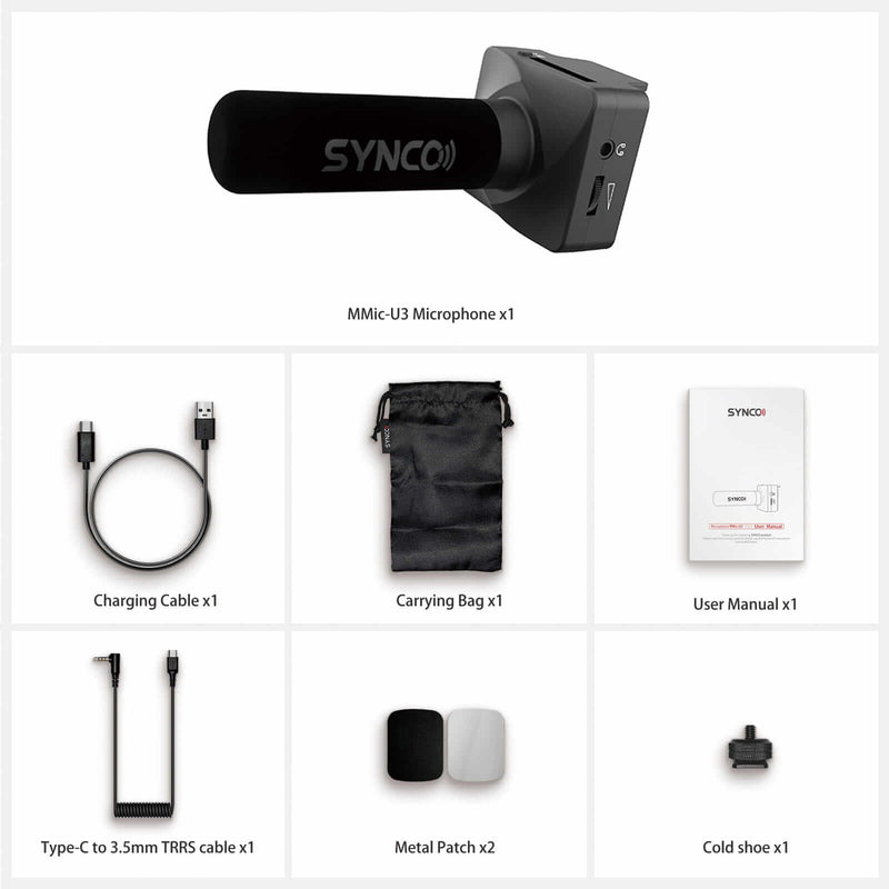 SYNCO U3 microphone's package: A mic, two metal patches, a charging cable, Type-C to 3.5mm TRRS cable, cold shoe & a carrying bag