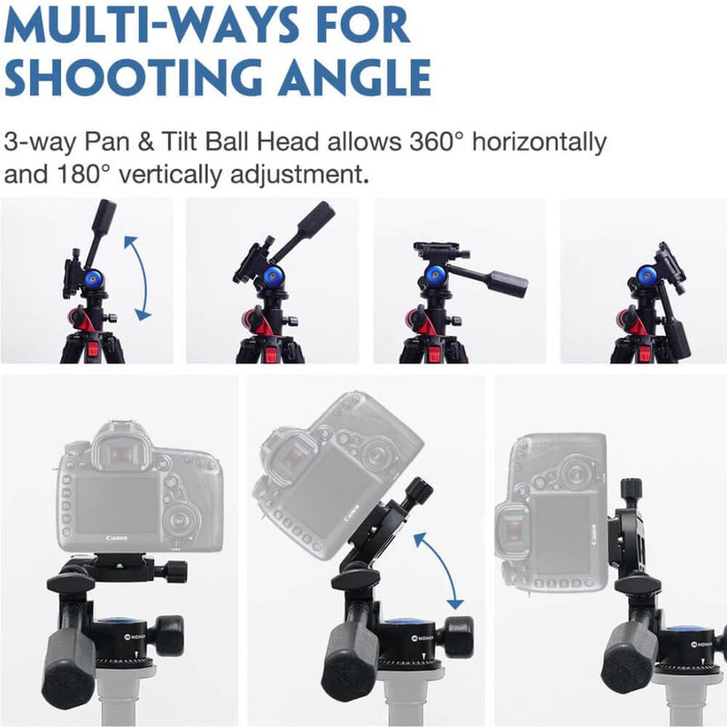 Camera tripod 3-way pan & tilt ball head Moman VH40 allows 360° horizontally and 180° vertically adjustment for shooting angle