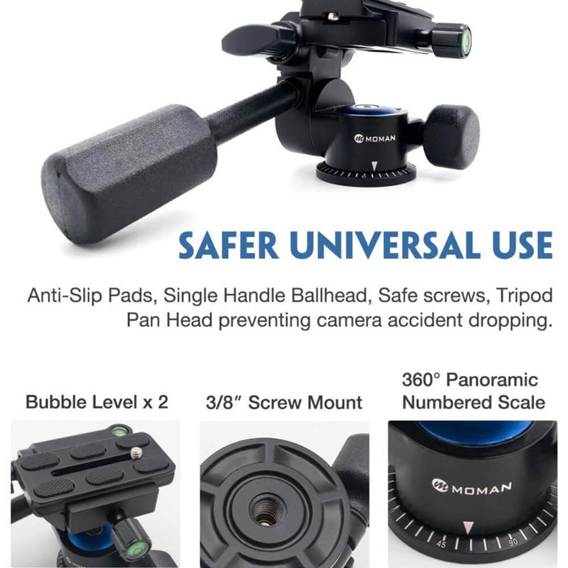 Moman VH40 tripod pan head is able to prevent camera accident dropping with its anti-slip pads, single handle ballhead and safe screws