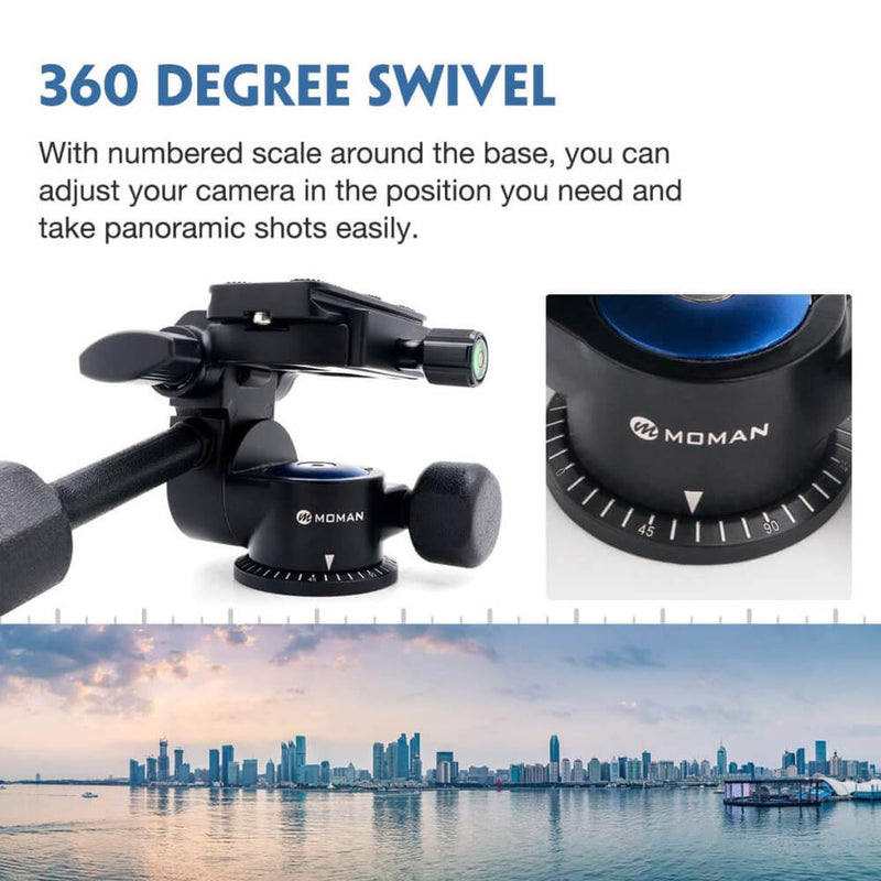 Moman VH40 possesses a 360 degree Swivel designed for rocker arm tripod ballhead, which enables users to adjust camera in the required position