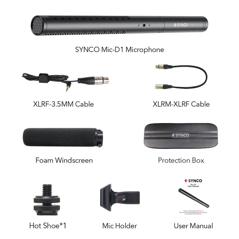 The package list of SYNCO D1 includes the Mic-D1, an XLRF-3.5mm cable, a foam windscreen, an XLRM-XLRF cable, a hot shoe, etc.